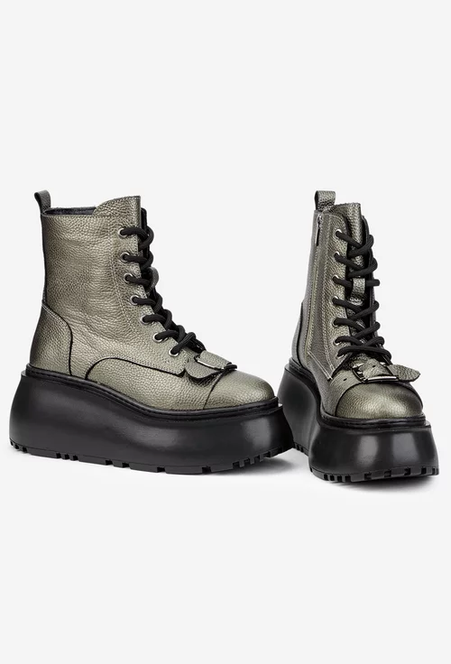 Ghete dama NUR argintiu verzui sidefate din piele texturata