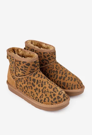 Ghete dama NUR din piele intoarsa maro animal print cu blanita