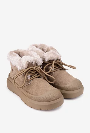 Ghete dama NUR din piele intoarsa taupe cu blana