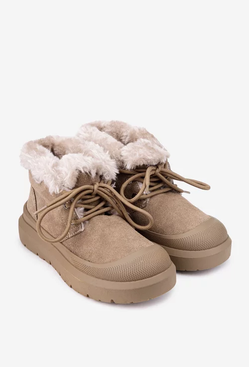 Ghete dama NUR din piele intoarsa taupe cu blana