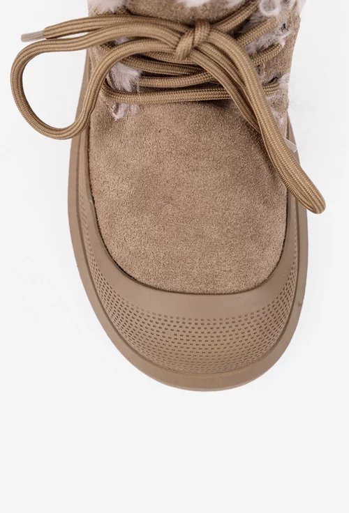 Ghete dama NUR din piele intoarsa taupe cu blana