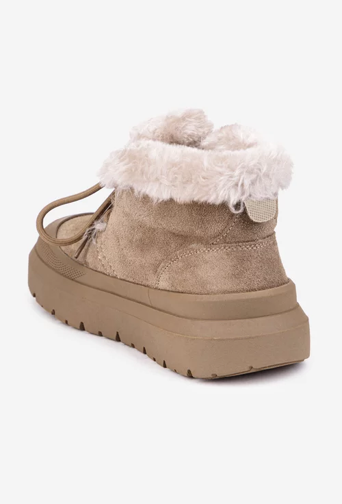 Ghete dama NUR din piele intoarsa taupe cu blana