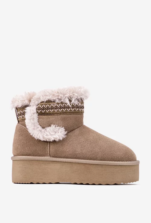 Ghete dama NUR din piele intoarsa taupe cu model