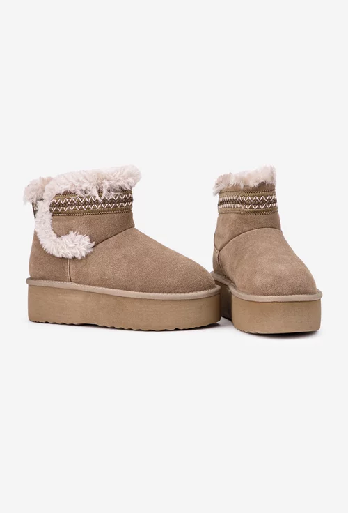 Ghete dama NUR din piele intoarsa taupe cu model