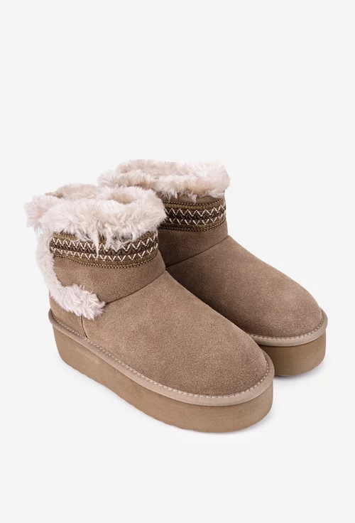 Ghete dama NUR din piele intoarsa taupe cu model