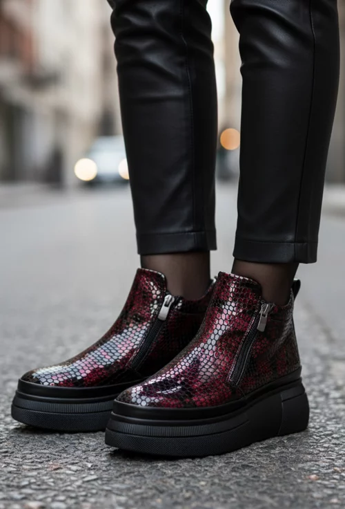 Ghete dama NUR din piele lacuita burgundy cu doua fermoare