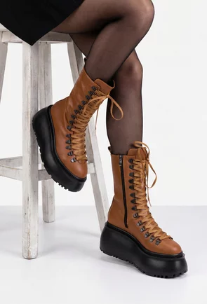 Ghete dama NUR din piele naturala maro cu talpa inalta