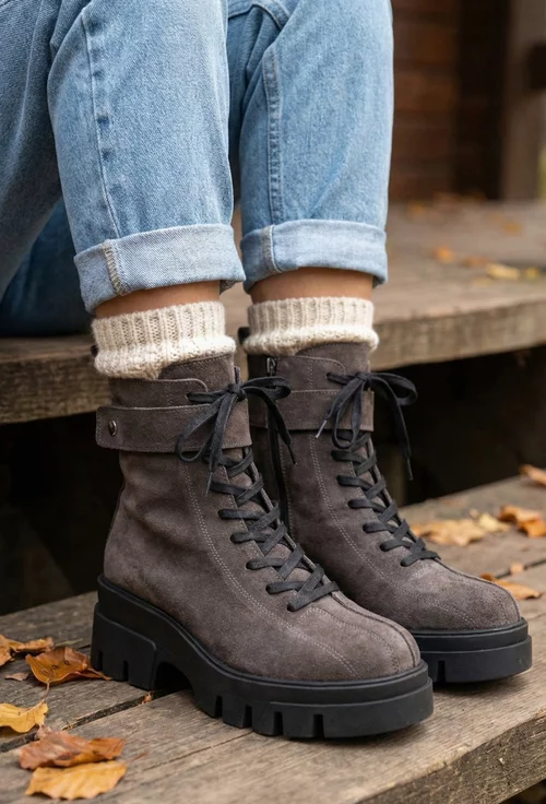 Ghete dama NUR grej din piele intoarsa