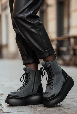 Ghete dama NUR gri cu negru din piele cu platforma