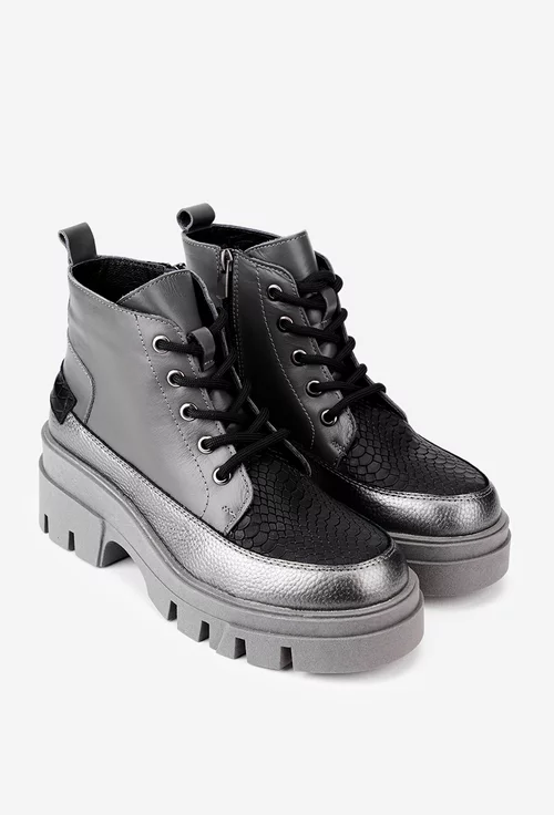 Ghete dama NUR gri din piele cu detalii croco