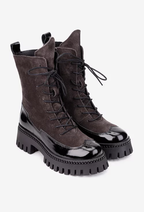 Ghete dama NUR gri inchis cu negru din piele