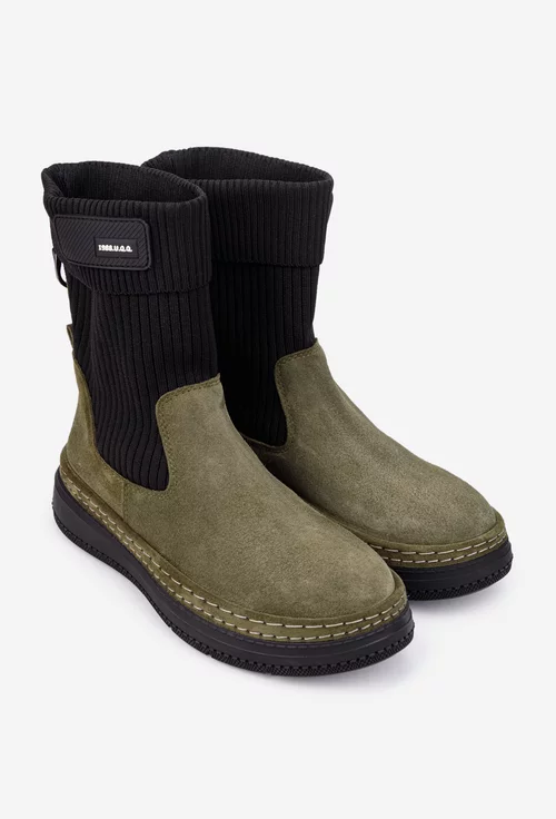 Ghete dama NUR kaki din piele intoarsa si material textil