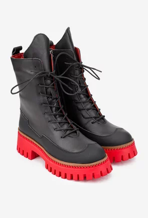 Ghete dama NUR negre cu detalii rosii din piele naturala