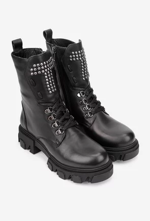 Ghete dama NUR negre din piele cu detalii bumbi