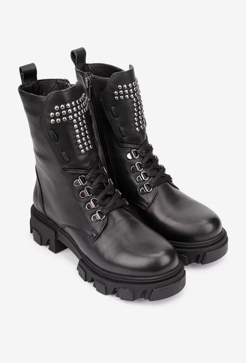 Ghete dama NUR negre din piele cu detalii bumbi