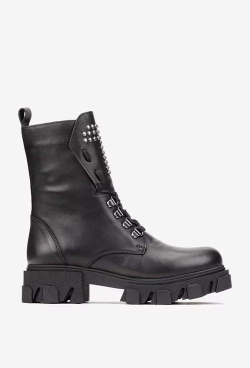 Ghete dama NUR negre din piele cu detalii bumbi