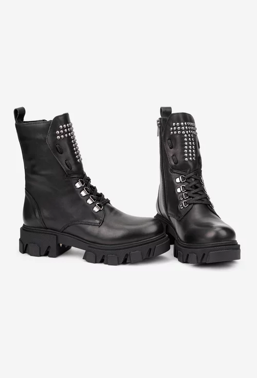 Ghete dama NUR negre din piele cu detalii bumbi