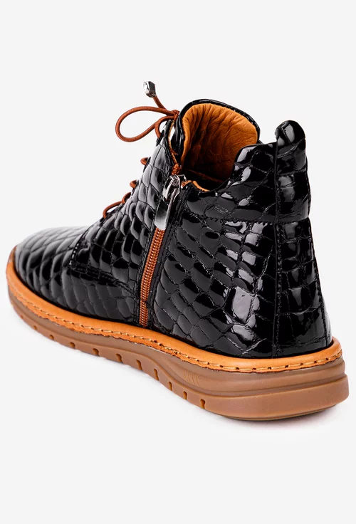 Ghete dama NUR negre din piele lacuita croco