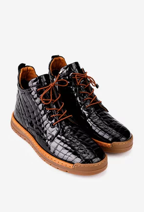 Ghete dama NUR negre din piele lacuita croco