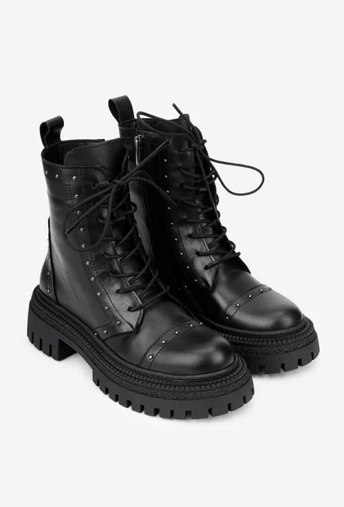 Ghete dama NUR negre din piele naturala cu ornamente