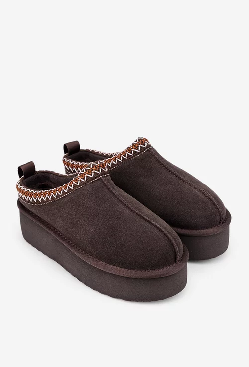 Ghete dama NUR scurte maro inchis din piele intoarsa cu model