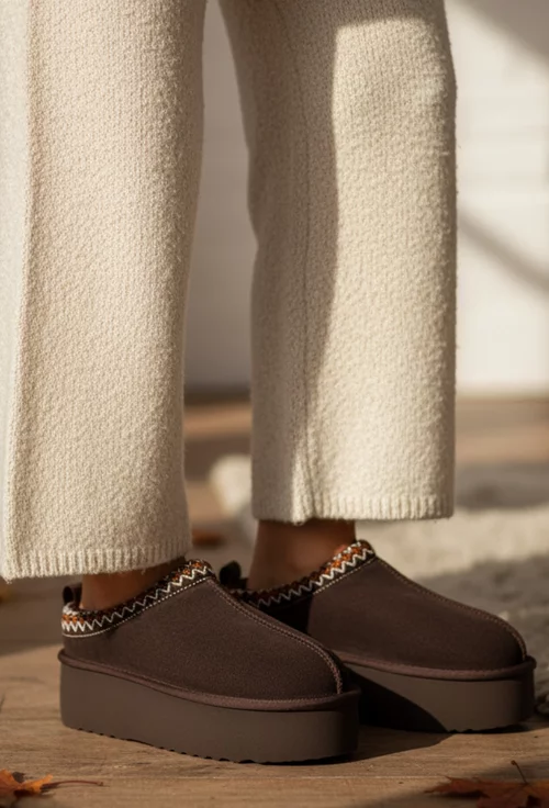 Ghete dama NUR scurte maro inchis din piele intoarsa cu model