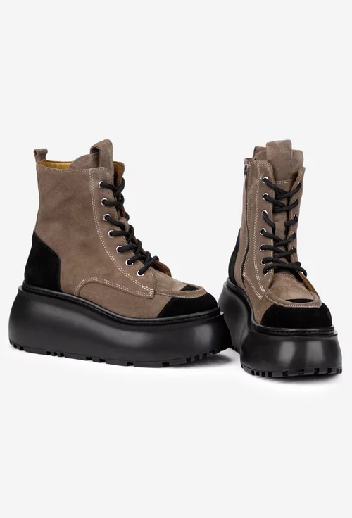 Ghete dama NUR taupe cu negru din piele intoarsa