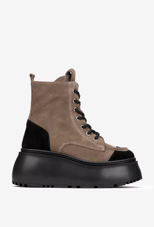 Ghete dama NUR taupe cu negru din piele intoarsa