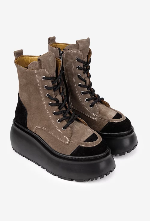 Ghete dama NUR taupe cu negru din piele intoarsa