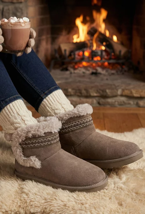 Ghete dama NUR taupe din piele intoarsa cu model