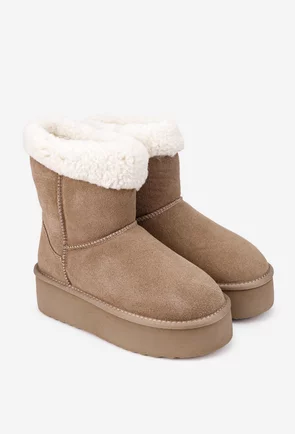 Ghete dama NUR taupe din piele intoarsa imblanite