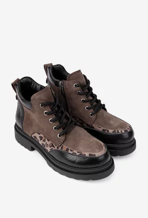 Ghete dama taupe cu negru din piele