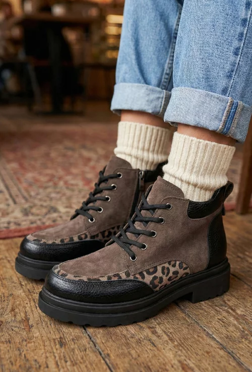 Ghete dama taupe cu negru din piele