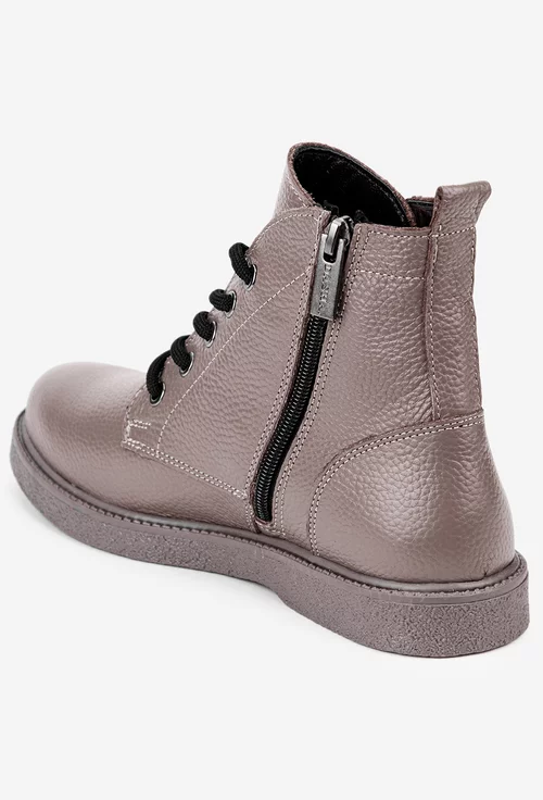 Ghete dama taupe din piele cu siret si fermoar