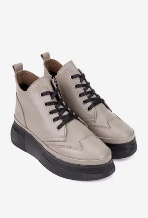 Ghete dama taupe din piele cu siret si fermoar