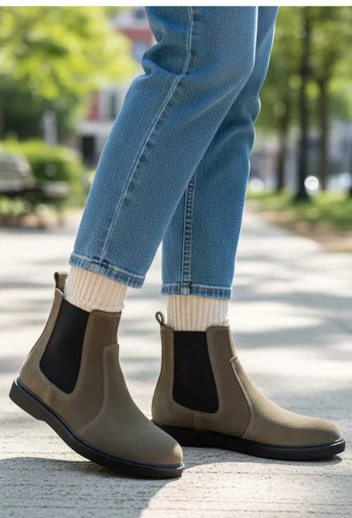 Ghete dama taupe din piele intoarsa prevazute cu elastic in laterale