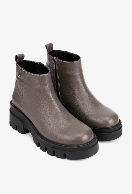 Ghete dama taupe din piele naturala cu fermoar