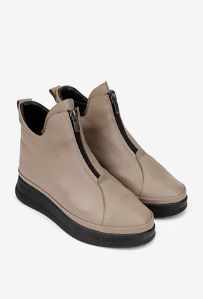 Ghete dama taupe din piele naturala cu fermoar in fata