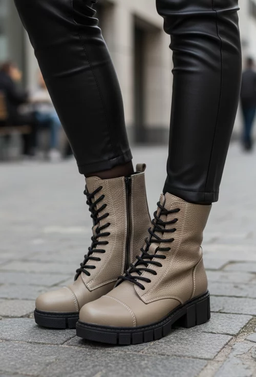 Ghete dama taupe din piele naturala texturata