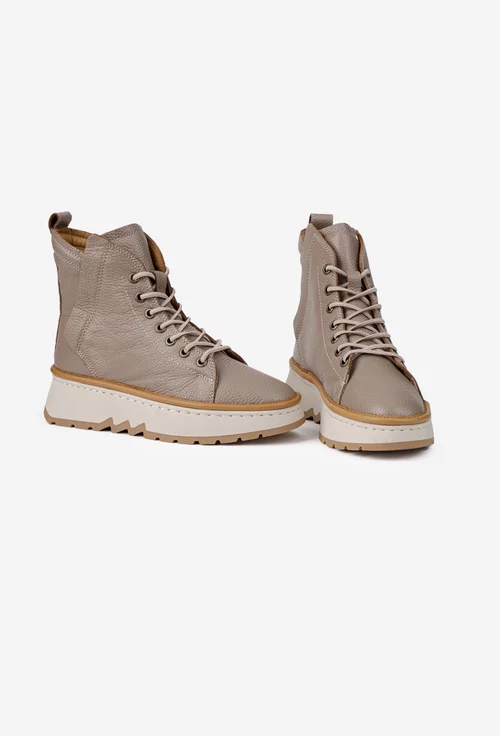 Ghete dama taupe din piele texturata cu siret elastic