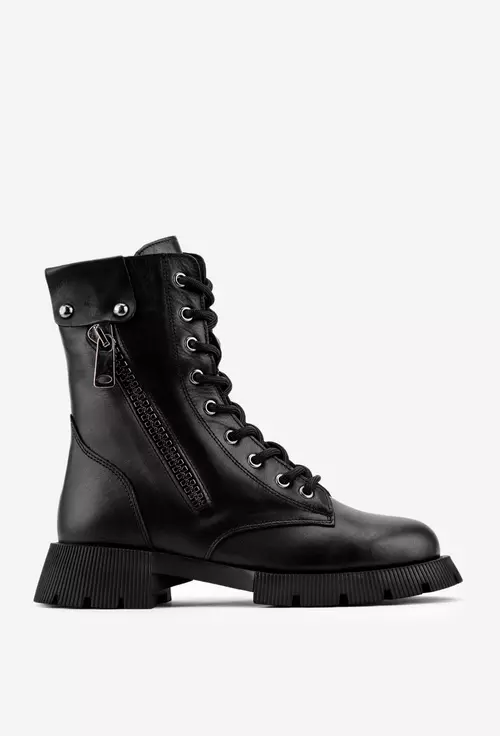 Ghete negre din piele cu fermoar decorativ