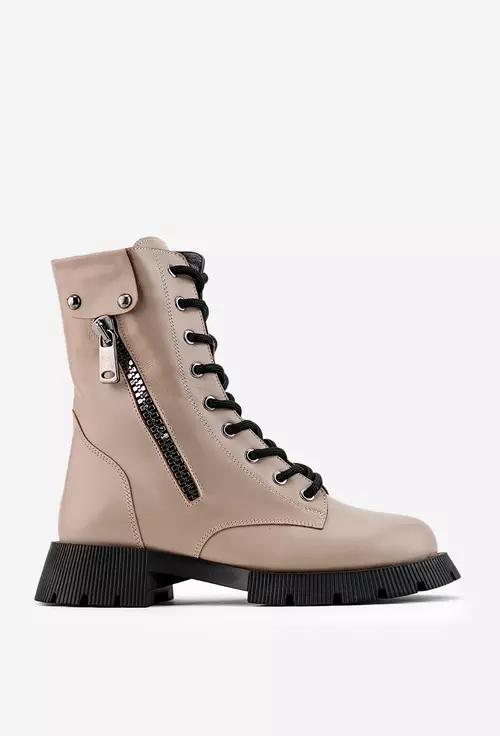 Ghete taupe din piele cu fermoar decorativ