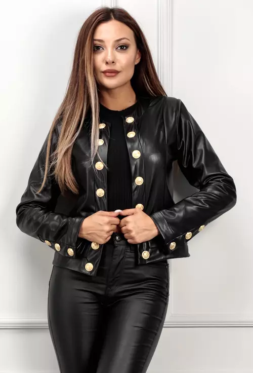 Jacheta neagra din piele ecologica cu nasturi decorativi