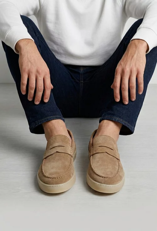 Mocasini barbati din piele intoarsa bej