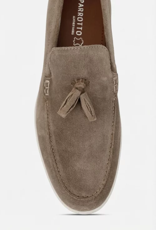 Mocasini barbati din piele intoarsa taupe cu detaliu canaf