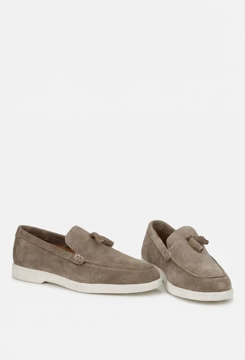 Mocasini barbati din piele intoarsa taupe cu detaliu canaf