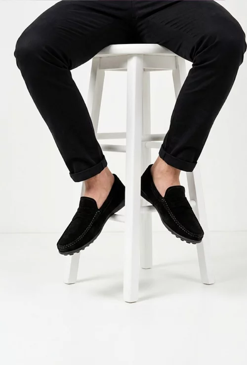 Mocasini barbati din piele nabuc neagra