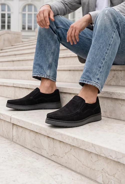 Mocasini barbati NUR din piele nabuc neagra picture - 2