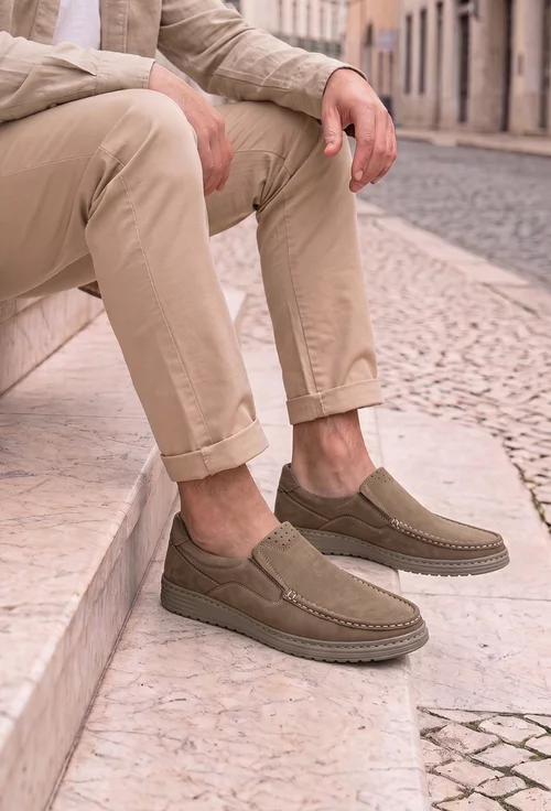 Mocasini barbati NUR din piele nabuc taupe picture - 2