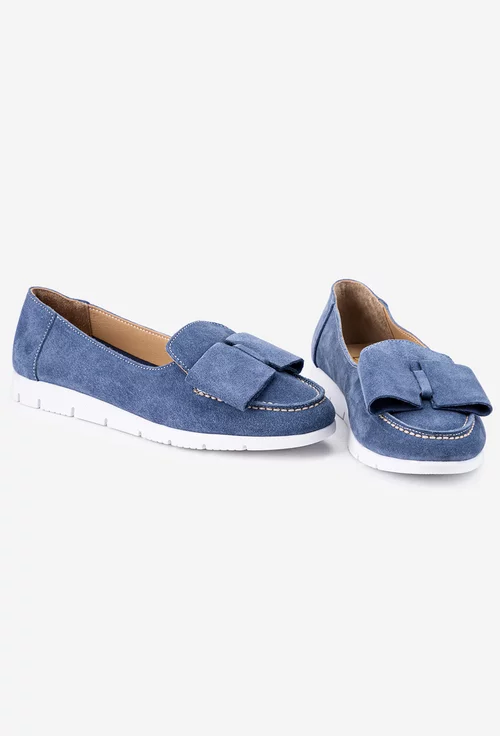 Mocasini bleu din piele intoarsa cu funda
